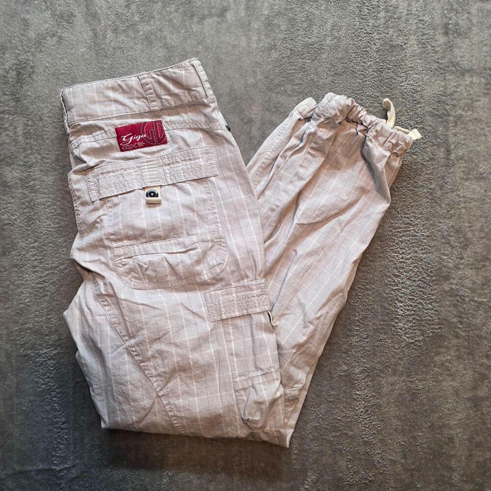 Giga DX Cargo Pants Womens 10 Beige Plaid Lightweight Cuffed Tapered Leg Casual
